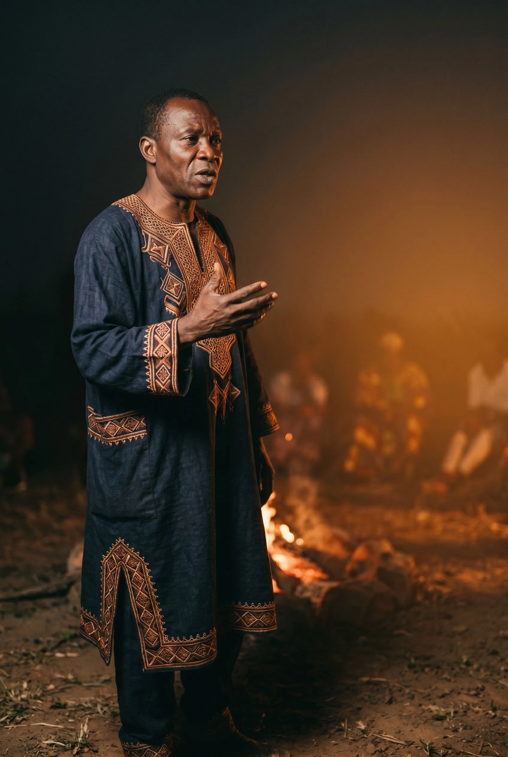 Kofi Asante, resident griot at Asha, photographed mid-ceremony. He is speaking, left hand raised in gesture, his face turned toward the circle of guests. Warm amber firelight falls across the right side of his face. The background is near-black. His expression is concentrated, open, and entirely present.