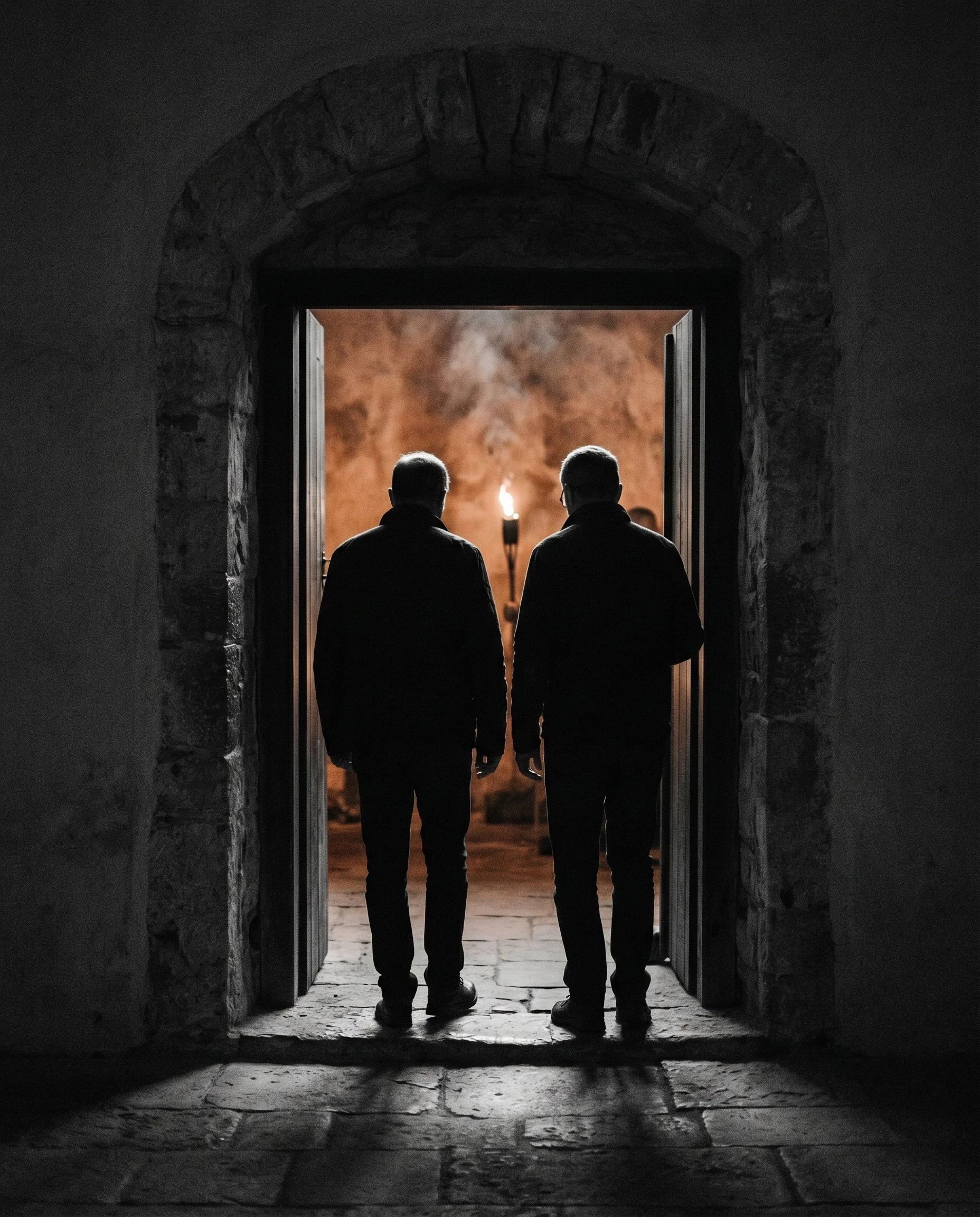 Guests silhouetted at a threshold illuminated by warm torchlight. The doorway opens onto amber. The outside world is visible as darkness behind them.