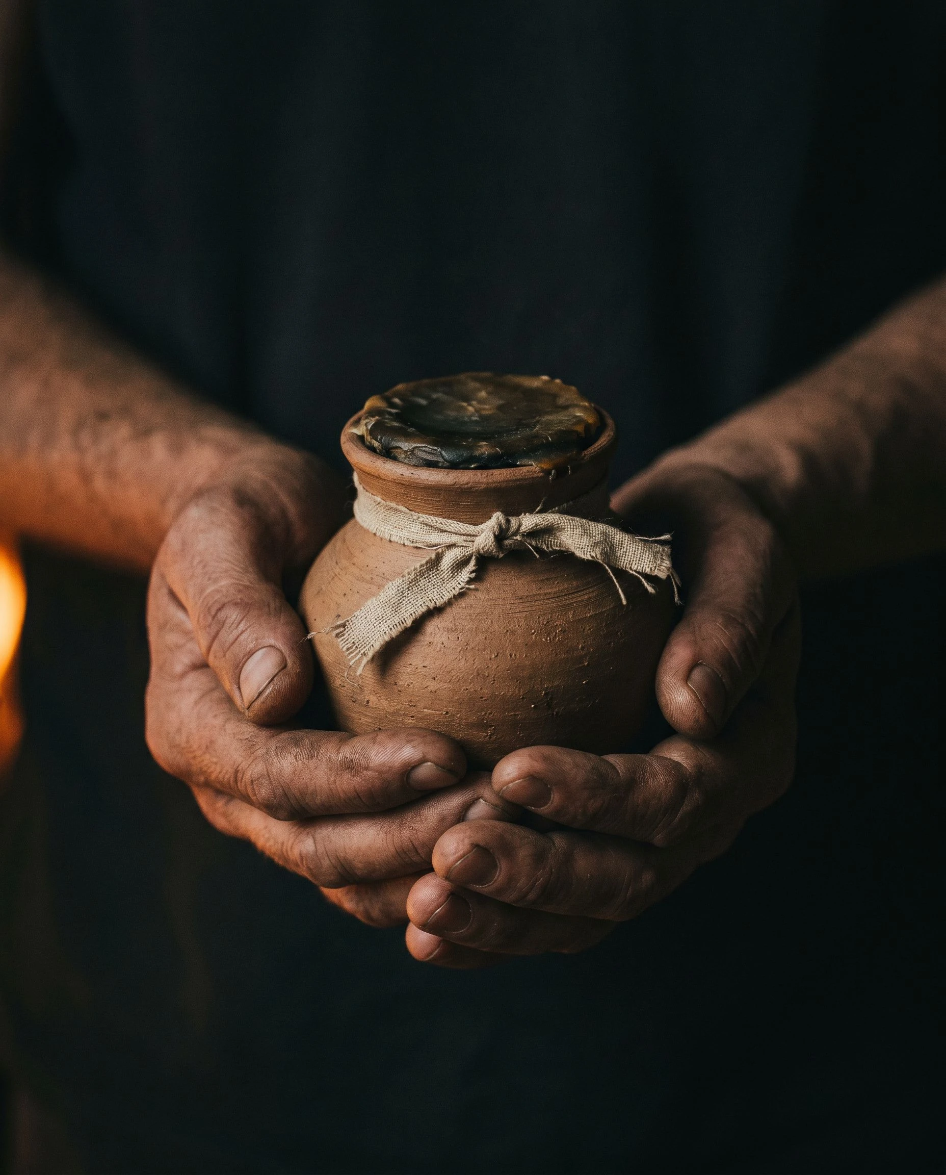 A close image of a guest's hand holding a small sealed clay vessel against a dark background. The object is hand-formed, warm in colour, imperfect in the right ways.
