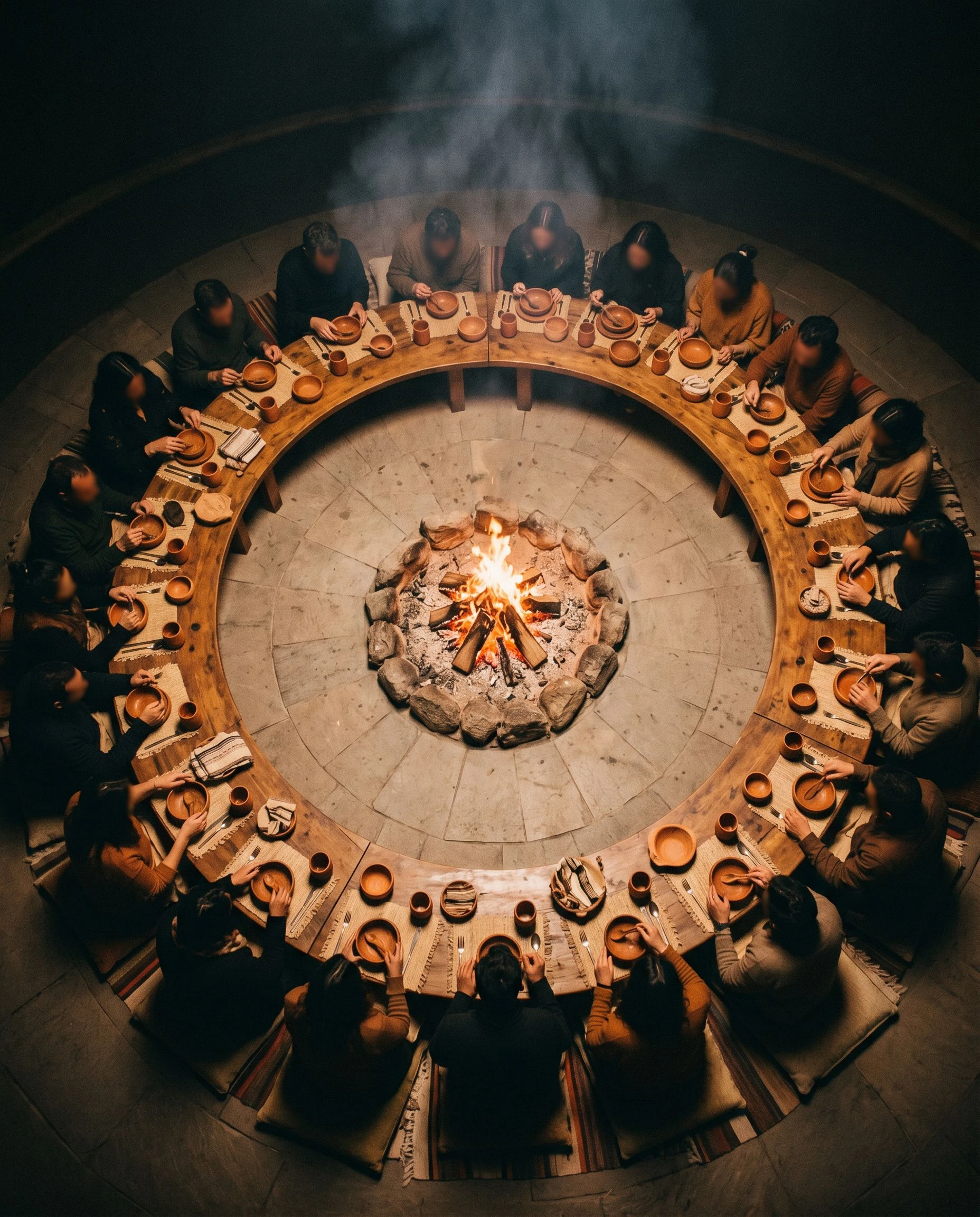 An aerial view of the full circle at Asha at the peak of the evening. All forty guests are visible. The central fire illuminates the space from below. No one is looking at a phone.