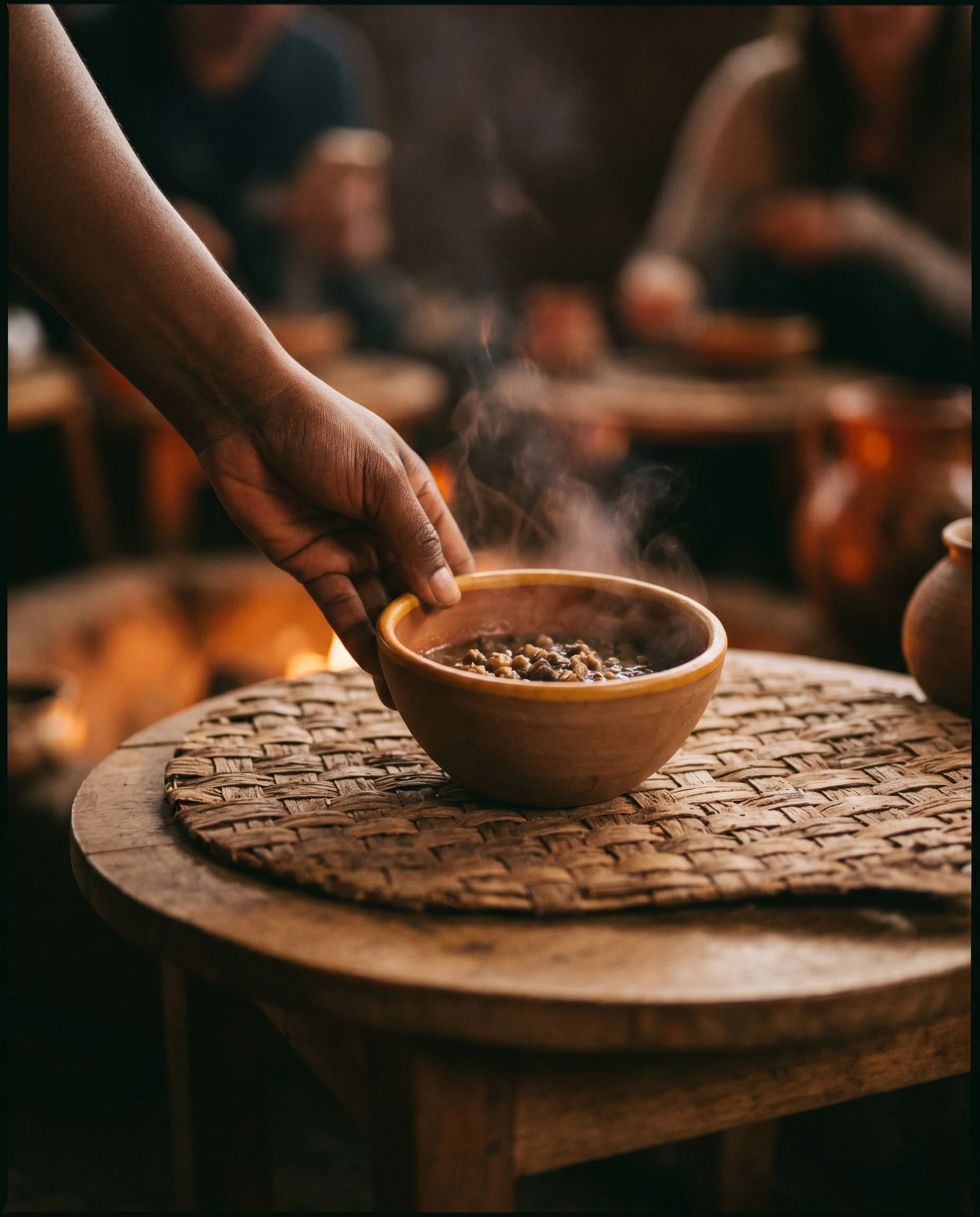 A dish is placed by hand on a woven surface. The live fire is visible and in focus in the background. The light is warm and close. The gesture is deliberate.