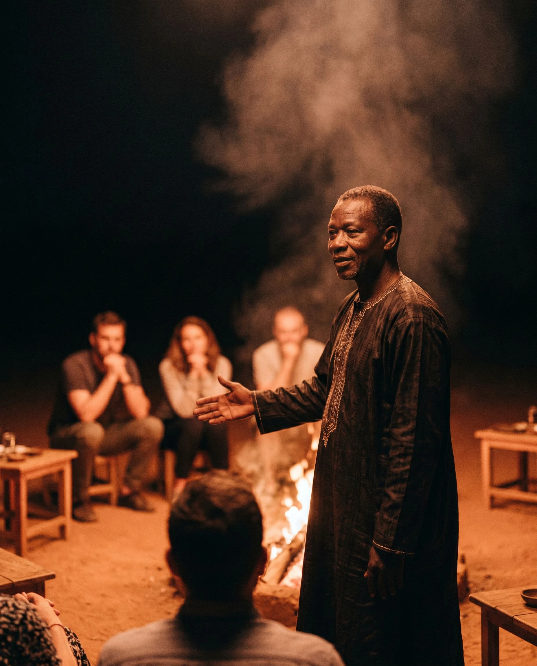 The griot addresses the circle of seated guests. They lean slightly inward toward him. The fire is visible between them. No one is looking at the table.
