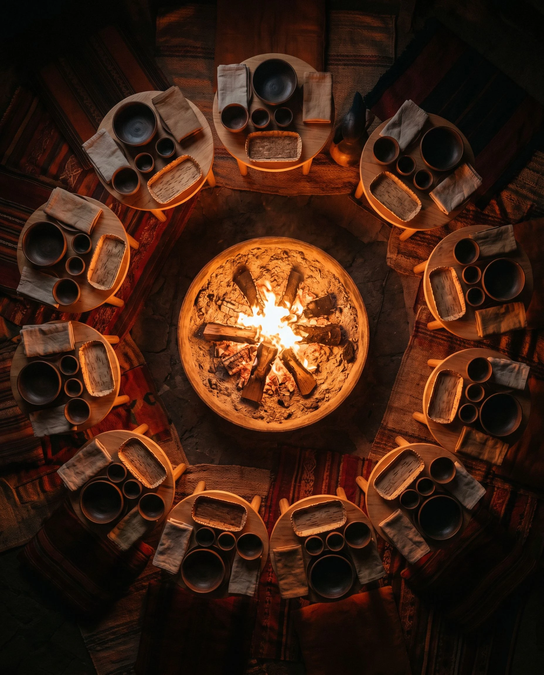 An aerial view of the circular table arrangement at Asha. Forty low-set wooden settings form a complete ring around a central flame. Guests lean inward toward the light. The room's edges are dark.