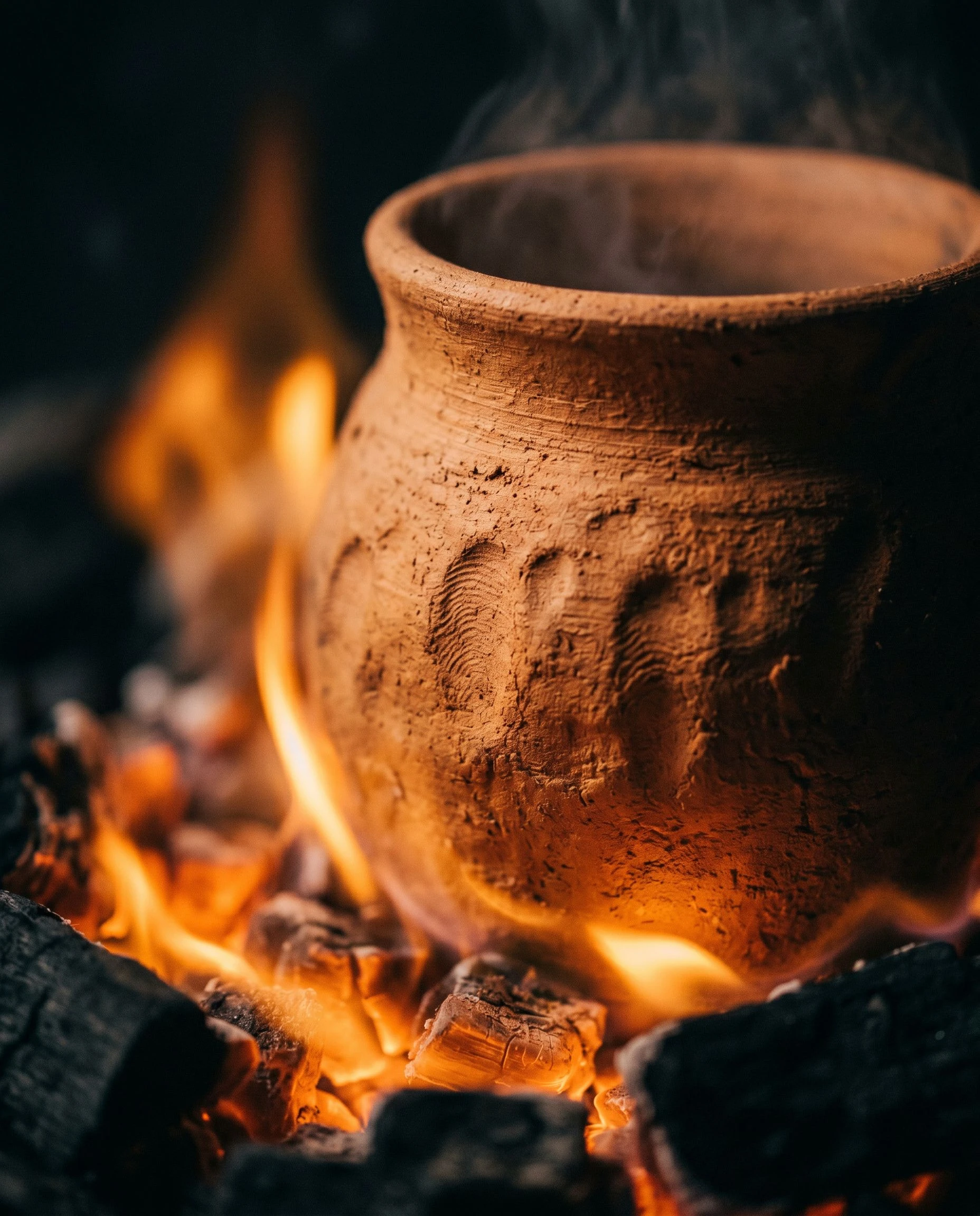 A hand-crafted ceramic vessel rests in glowing coals. Open flame rises in the background. The image is close, warm, and completely dark at its edges.