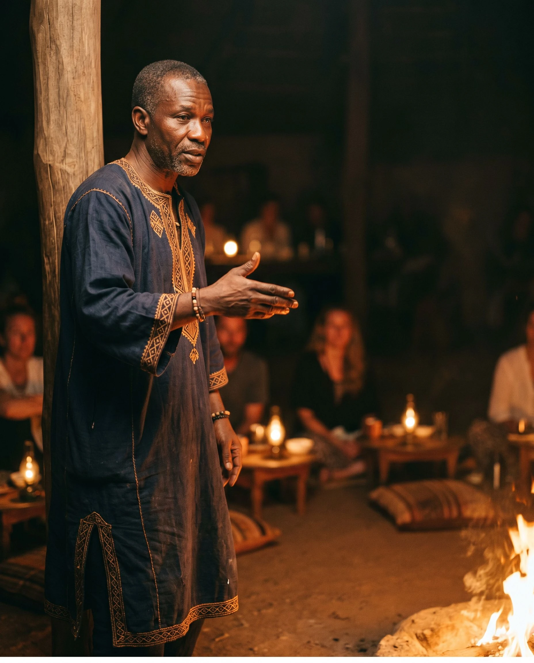 The resident griot stands at the edge of the fire circle, mid-ceremony. He is not posed. His left hand is raised in gesture. The amber light from the central flame falls across one side of his face. The background is near-black.