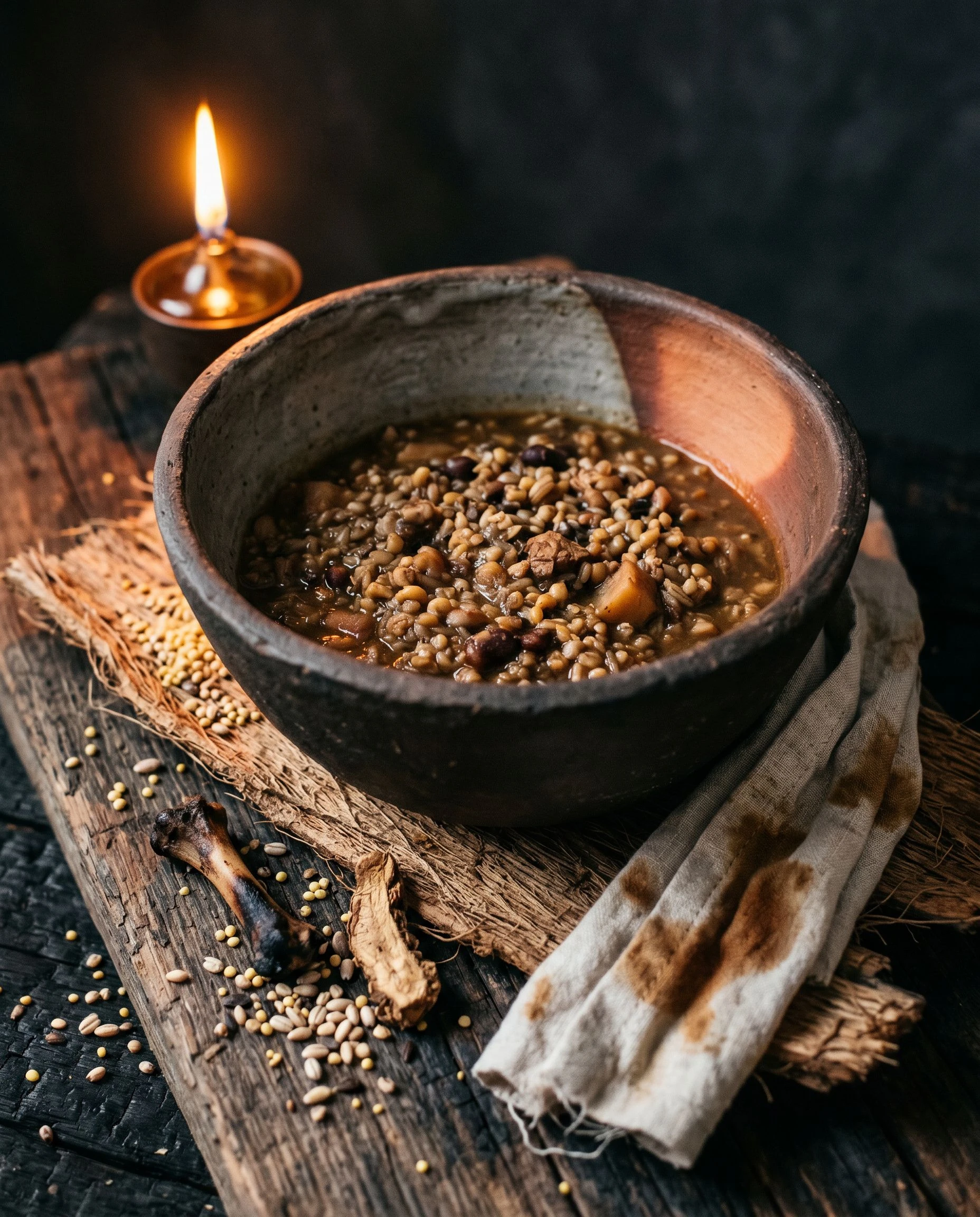 A dish presented on a hand-made clay surface. No Western plating convention is visible. The textures are raw, the colours deep — ochre, char, deep green. The light is close and warm.