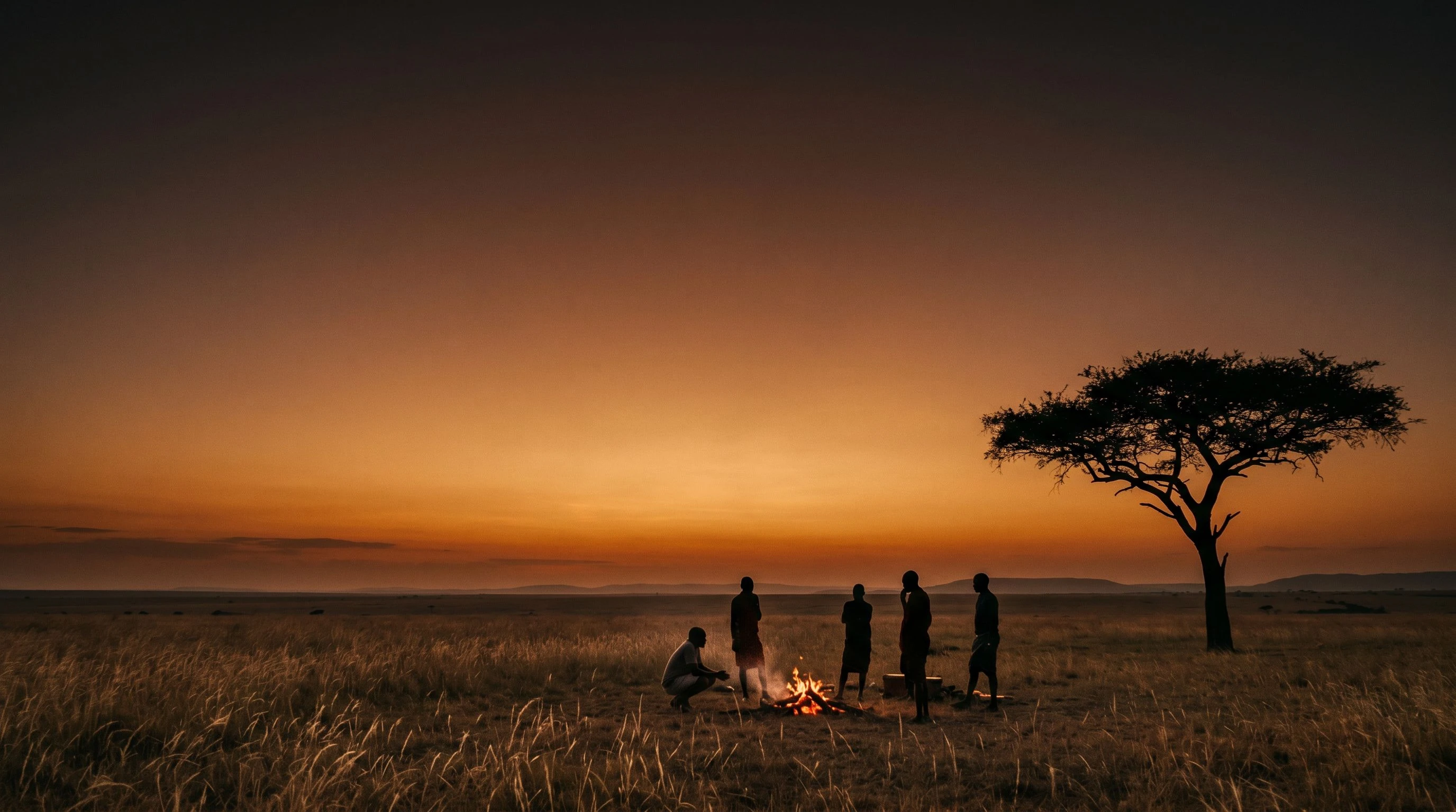 A wide savanna horizon at dusk. A fire circle burns in the middle ground, surrounded by human silhouettes. The sky is deep amber and terracotta. The landscape is vast, still, and documentary in quality — not staged.