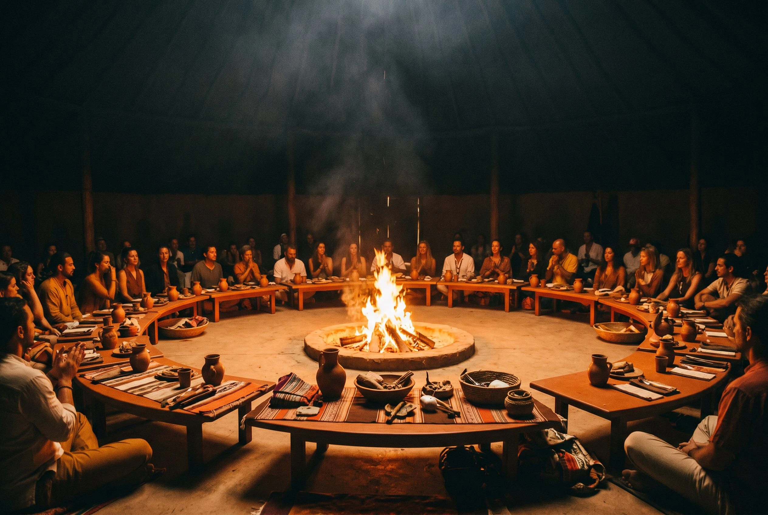 A wide atmospheric image of the full Asha circle at the peak of an evening. The central fire is at full height. All seats are occupied. The room is entirely illuminated by firelight. The quote is overlaid in off-white serif type.